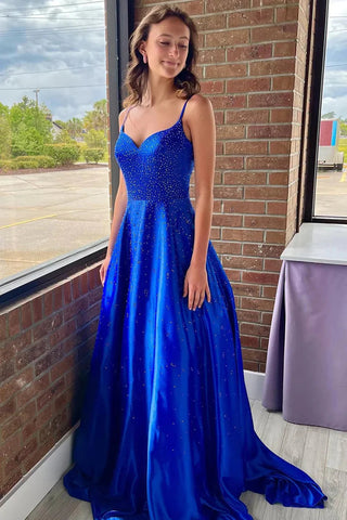 Cute A Line V Neck Royal Blue Satin Long Prom Dresses with Beading