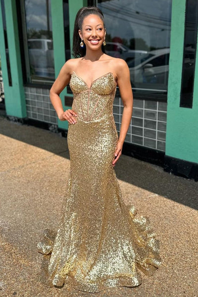 Charming Mermaid Gold Sweetheart Sequins Long Prom Dresses