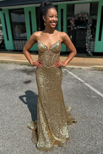 Charming Mermaid Gold Sweetheart Sequins Long Prom Dresses