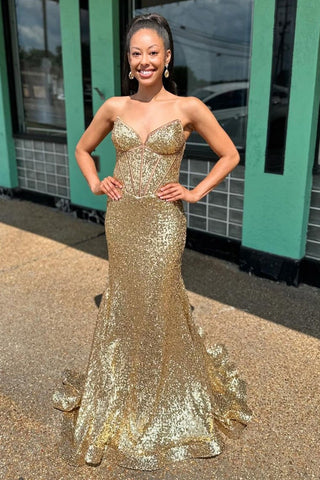 Charming Mermaid Gold Sweetheart Sequins Long Prom Dresses