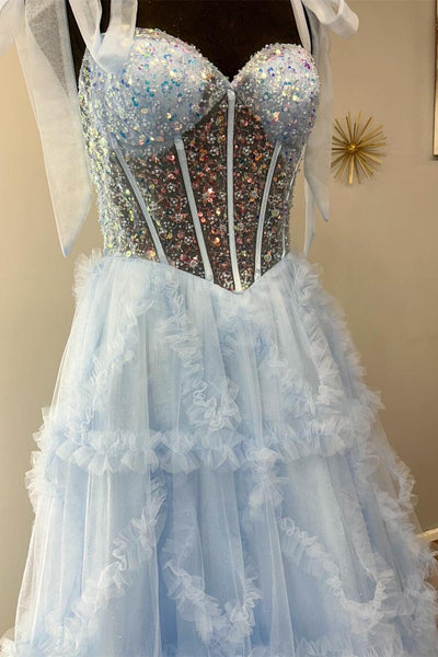 Cute A Line Sweetheart Blue Ruffled Tulle Prom Dress with Beading