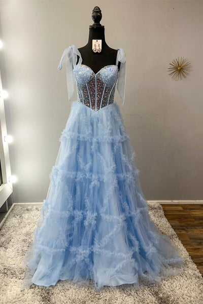 Cute A Line Sweetheart Blue Ruffled Tulle Prom Dress with Beading