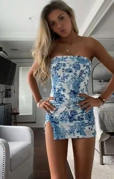 Cute Bodycon Strapless Floral Print Party Dress with Split