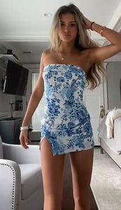 Cute Bodycon Strapless Floral Print Party Dress with Split