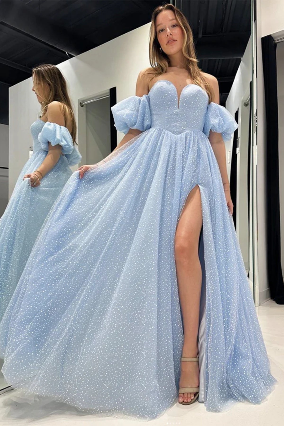 Cute A Line Sweetheart Light Blue Tulle Prom Dress with Split