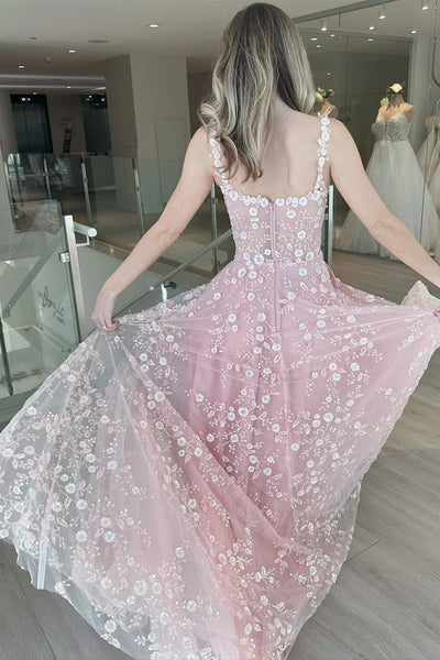 Cute A Line Straps Pink Lace Tulle Prom Dresses