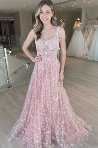 Cute A Line Straps Pink Lace Tulle Prom Dresses