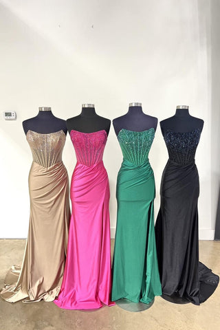 Charming Mermaid Strapless Satin Beaded Long Prom Dress With Slit