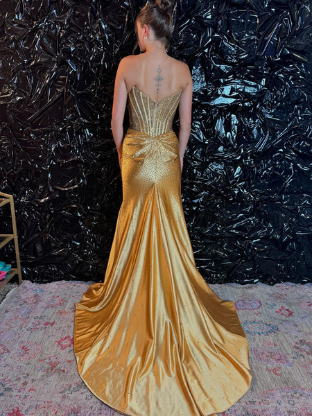 Charming Mermaid Gold Satin Corset Hot Stone Beading Prom Dresses with Slit