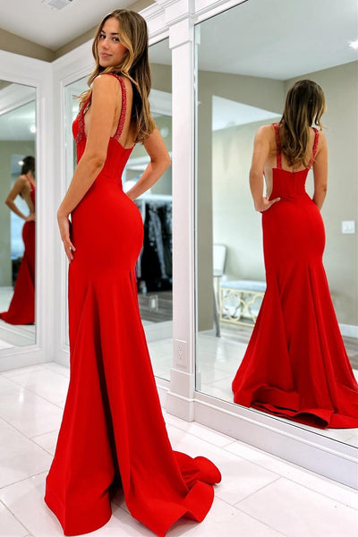 Charming Mermaid Sweetheart Red Satin Beaded Prom Dress with Split