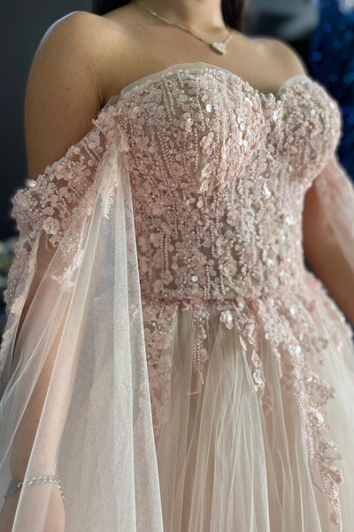 Charming A Line Blush Pink Tulle Off-the-Shoulder Prom Gown with Appliques