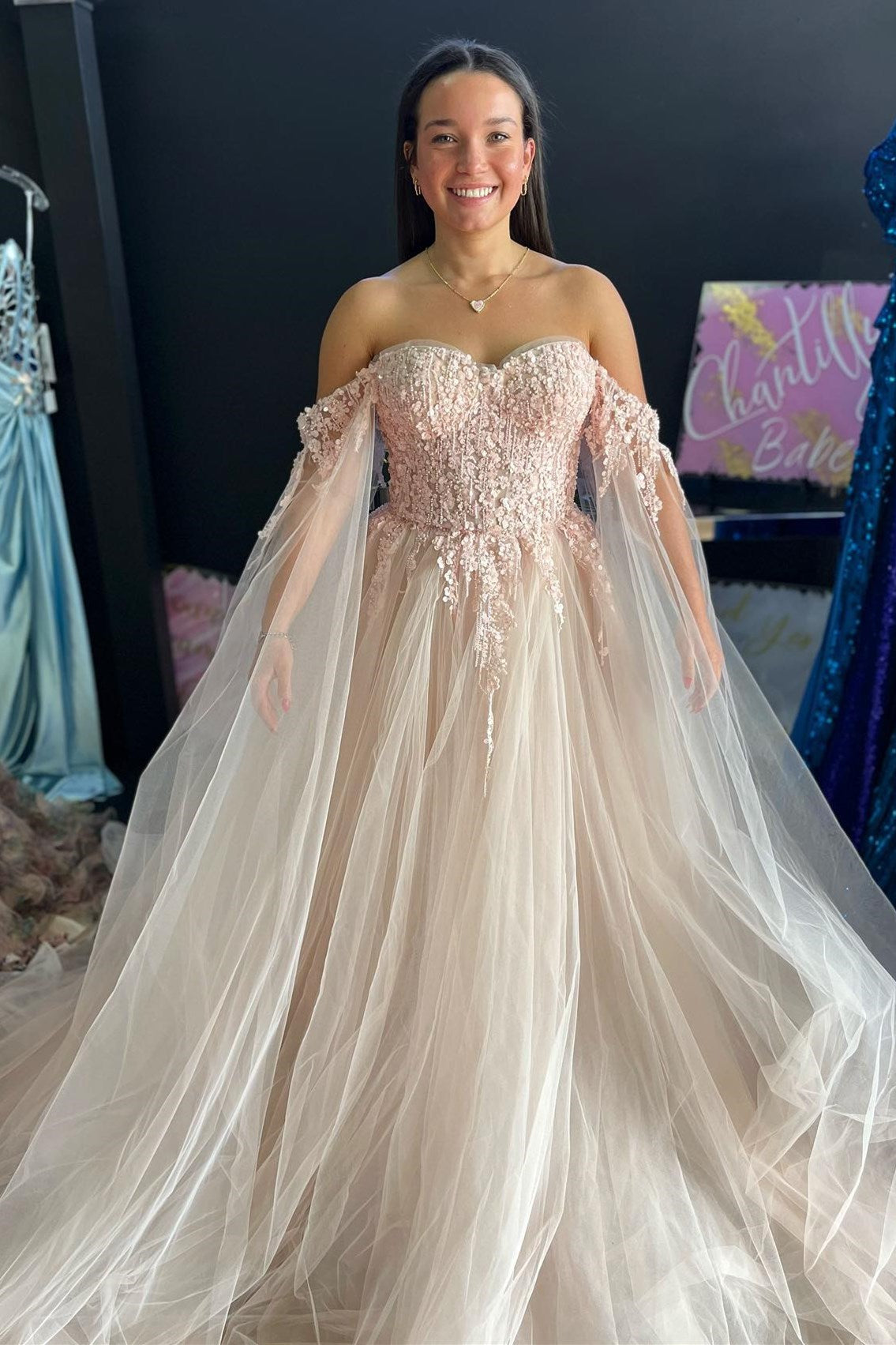 Charming A Line Blush Pink Tulle Off-the-Shoulder Prom Gown with Appliques