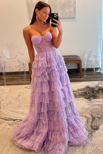 Cute Lavender A-Line Sweetheart Tiered Sequins Prom Dresses With Split