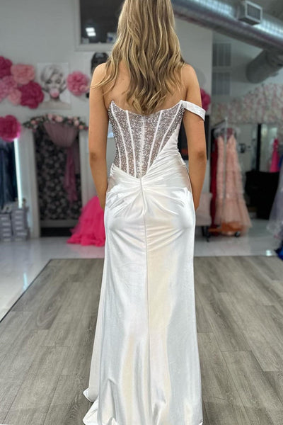 Gorgeous Mermaid Strapless White Satin Beaded Long Formal Prom Dresses