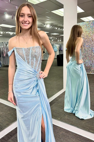 Gorgeous Mermaid Strapless White Satin Beaded Long Formal Prom Dresses