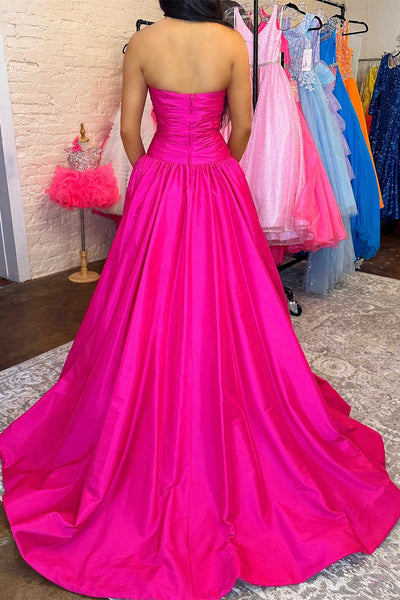 Cute A Line Strapless Fuchsia Satin Beaded Long Prom Dresss