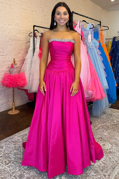 Cute A Line Strapless Fuchsia Satin Beaded Long Prom Dresss