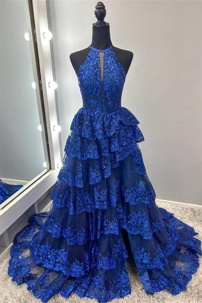 Cute A Line High Neck Royal Blue Tiered Prom Dresses