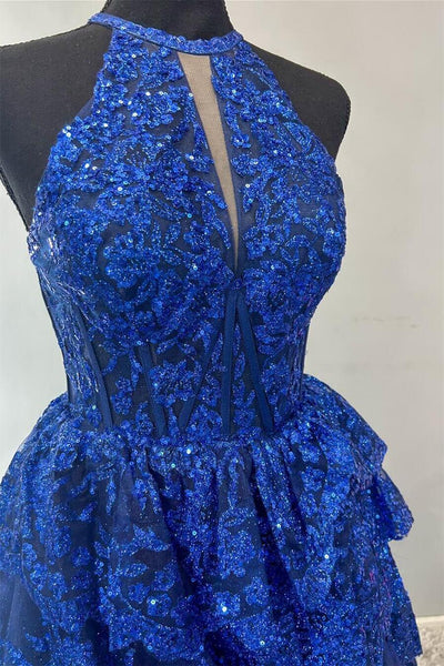 Cute A Line High Neck Royal Blue Tiered Prom Dresses