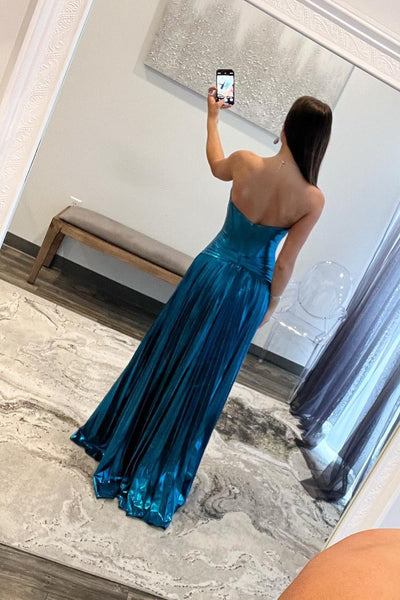 Charming Turquoise Sweetheart Metallic Pleated Long Prom Dress With Slit