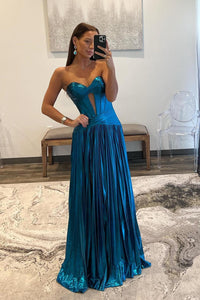 Charming Turquoise Sweetheart Metallic Pleated Long Prom Dress With Slit