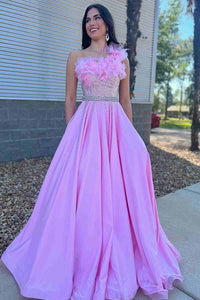 Cute A Line Strapless Pink Satin Long Prom Dresses With Flowers