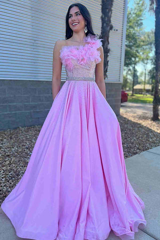 Cute A Line Strapless Pink Satin Long Prom Dresses With Flowers