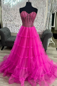 Cute A Line Sweetheart Fuchsia Beaded Ruffles Tulle Prom Dresses