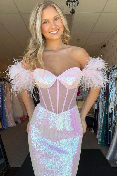 Charming Mermaid Sweetheart Pink Off the Shoulder Feathered Prom Dresses