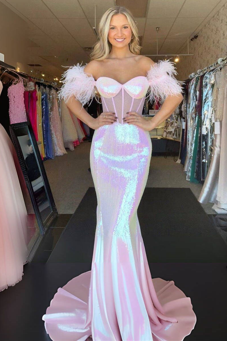 Charming Mermaid Sweetheart Pink Off the Shoulder Feathered Prom Dresses