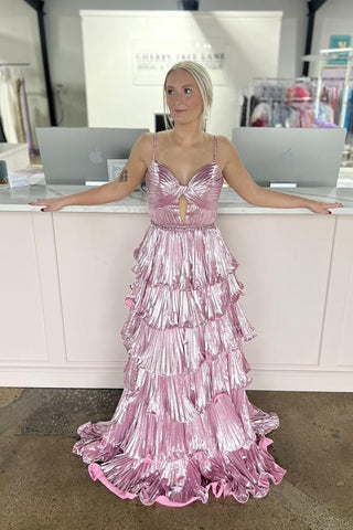 Cute A Line Sweetheart Pink Tiered Satin Prom Dresses