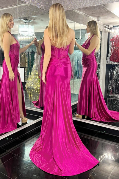 Sybella | Magenta Halter Sheer Bodice Pleated Gown with Slit