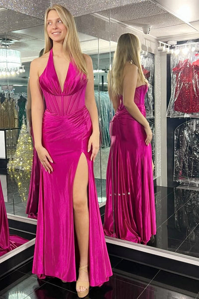 Sybella | Magenta Halter Sheer Bodice Pleated Gown with Slit