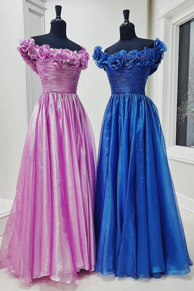 Cute A Line Royal Blue Off the Shoulder Satin Prom Dress with Ruffled Neck