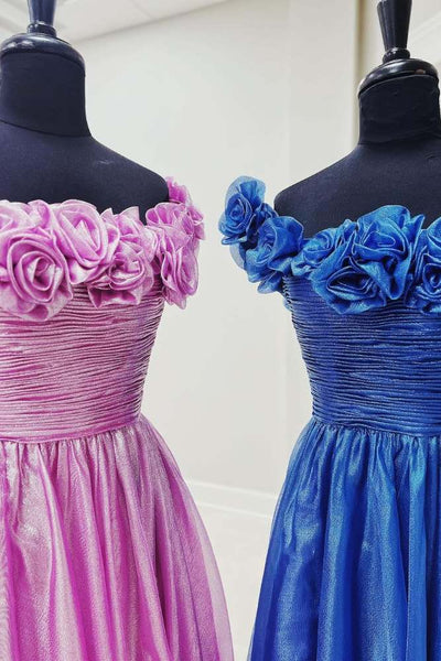 Cute A Line Royal Blue Off the Shoulder Satin Prom Dress with Ruffled Neck