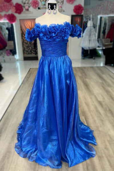 Cute A Line Royal Blue Off the Shoulder Satin Prom Dress with Ruffled Neck