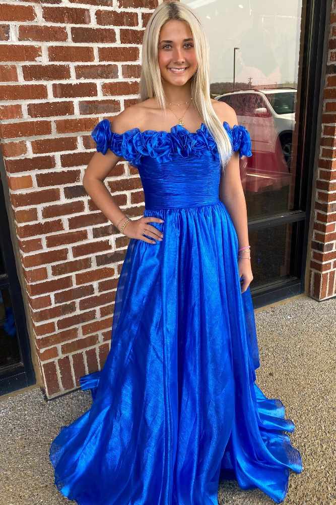 Cute A Line Royal Blue Off the Shoulder Satin Prom Dress with Ruffled Neck