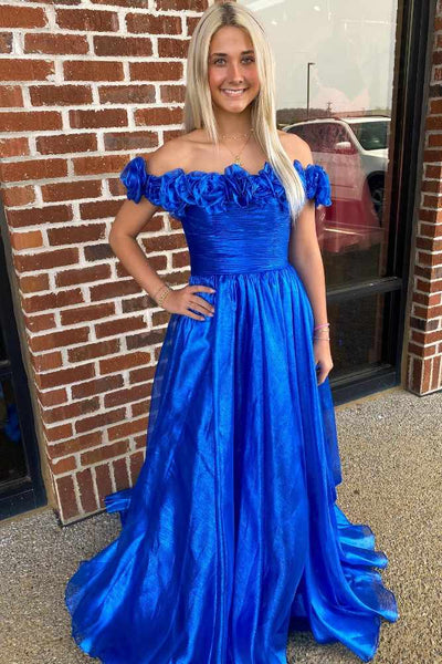 Cute A Line Royal Blue Off the Shoulder Satin Prom Dress with Ruffled Neck