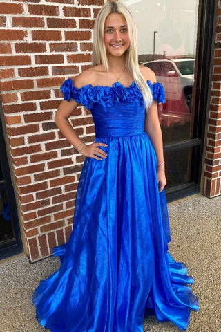 Cute A Line Royal Blue Off the Shoulder Satin Prom Dress with Ruffled Neck