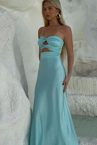 Charming Sheath Strapless Tiffany Aqua Blue Silk Satin Long Prom Dresses