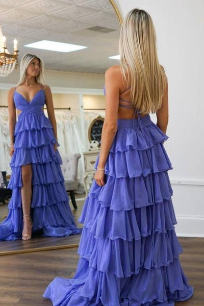 Cute A Line V-Neck Ruffle Tiered Chiffon Prom Dress with Slit