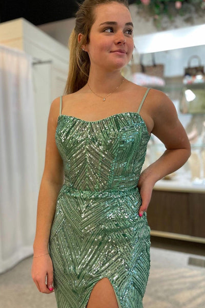 Charming Mermaid Sage Green Sweetheart Sequins Mermaid Prom Dress with Slit