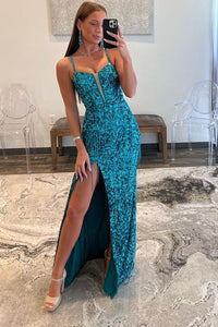 Cute Sparkly Sheath V Neck Sequins Long Prom Dresses with Beading