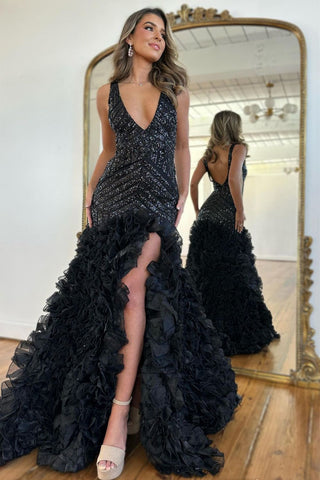 Gorgeous Mermaid V-Neck Black Ruffled Tulle Prom Dresses