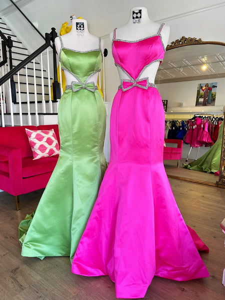 Charming Mermaid Scoop Neck Satin Beaded Prom Dress With Bow