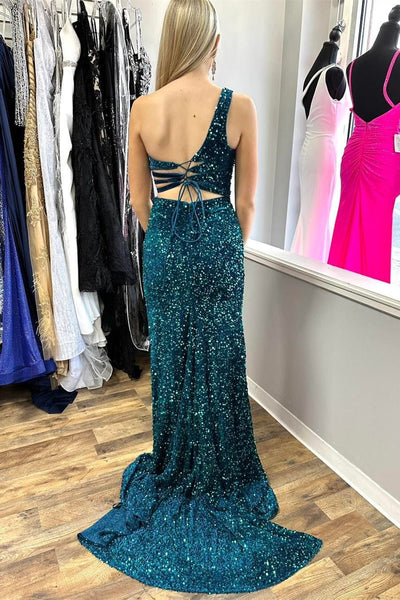 Charming One-Shoulder Turquoise Sequin Keyhole Long Prom Dress with Slit