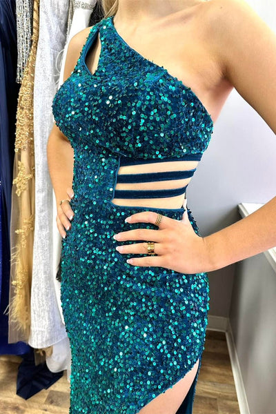 Charming One-Shoulder Turquoise Sequin Keyhole Long Prom Dress with Slit