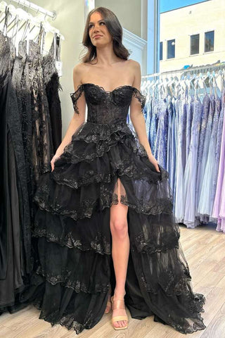 Cute A Line Off the Shoulder Black Lace Appliques Tiered Prom Dresses