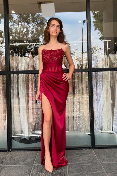 Charming Mermaid Burgundy Strapless Satin Slit Prom Dress with Appliques