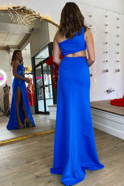 Charming Mermaid One Shoulder Royal Blue Cut Glass Mirror Long Prom Dress with Slit